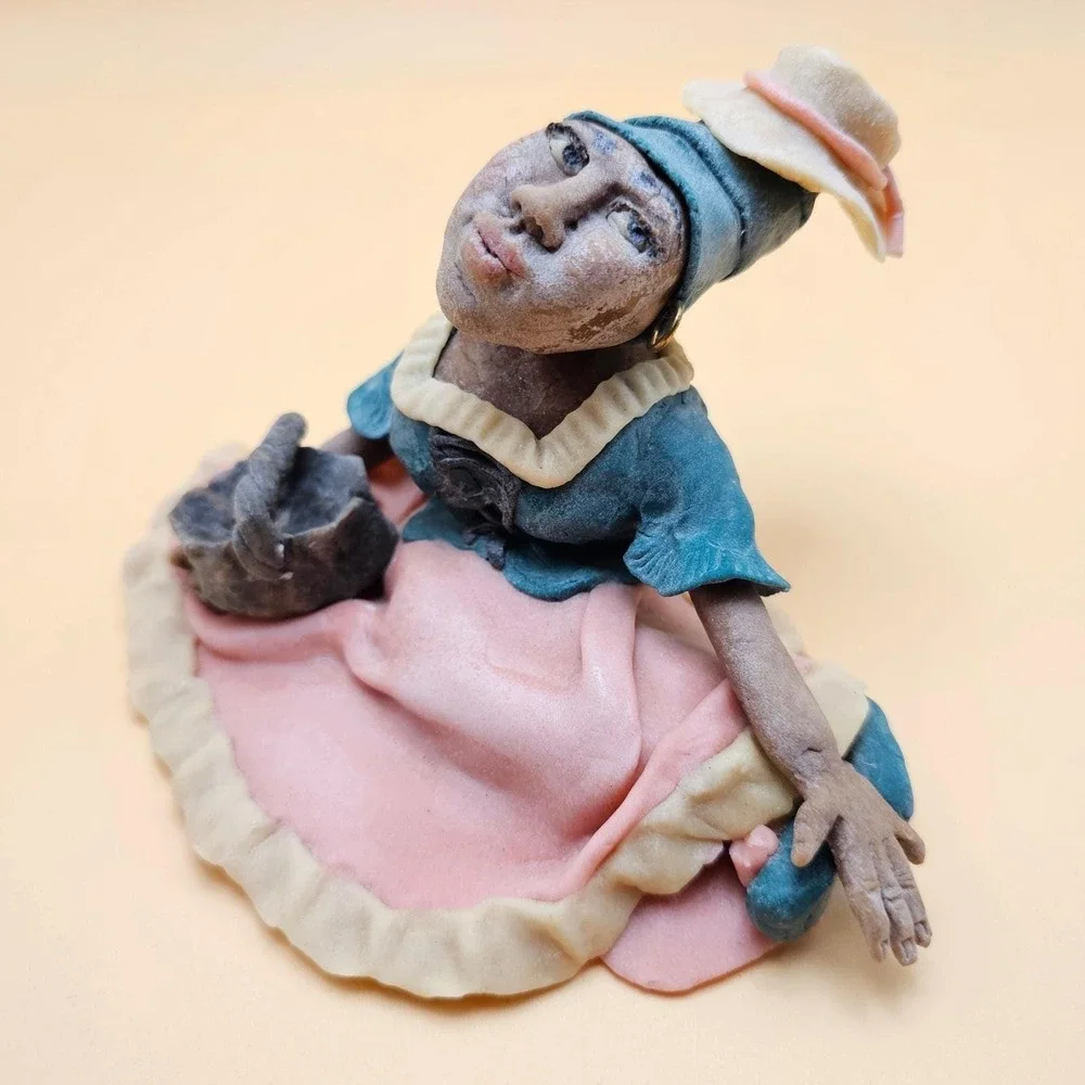 Artisan Signed Limited Edition Figurine Woman Basket Straw Hat Handcrafted RARE